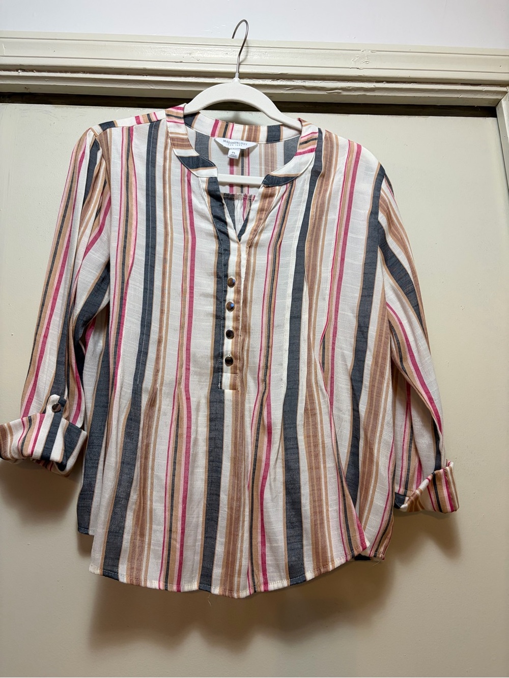 Casual Striped Button-Front Tunic in Pink, Tan & Navy